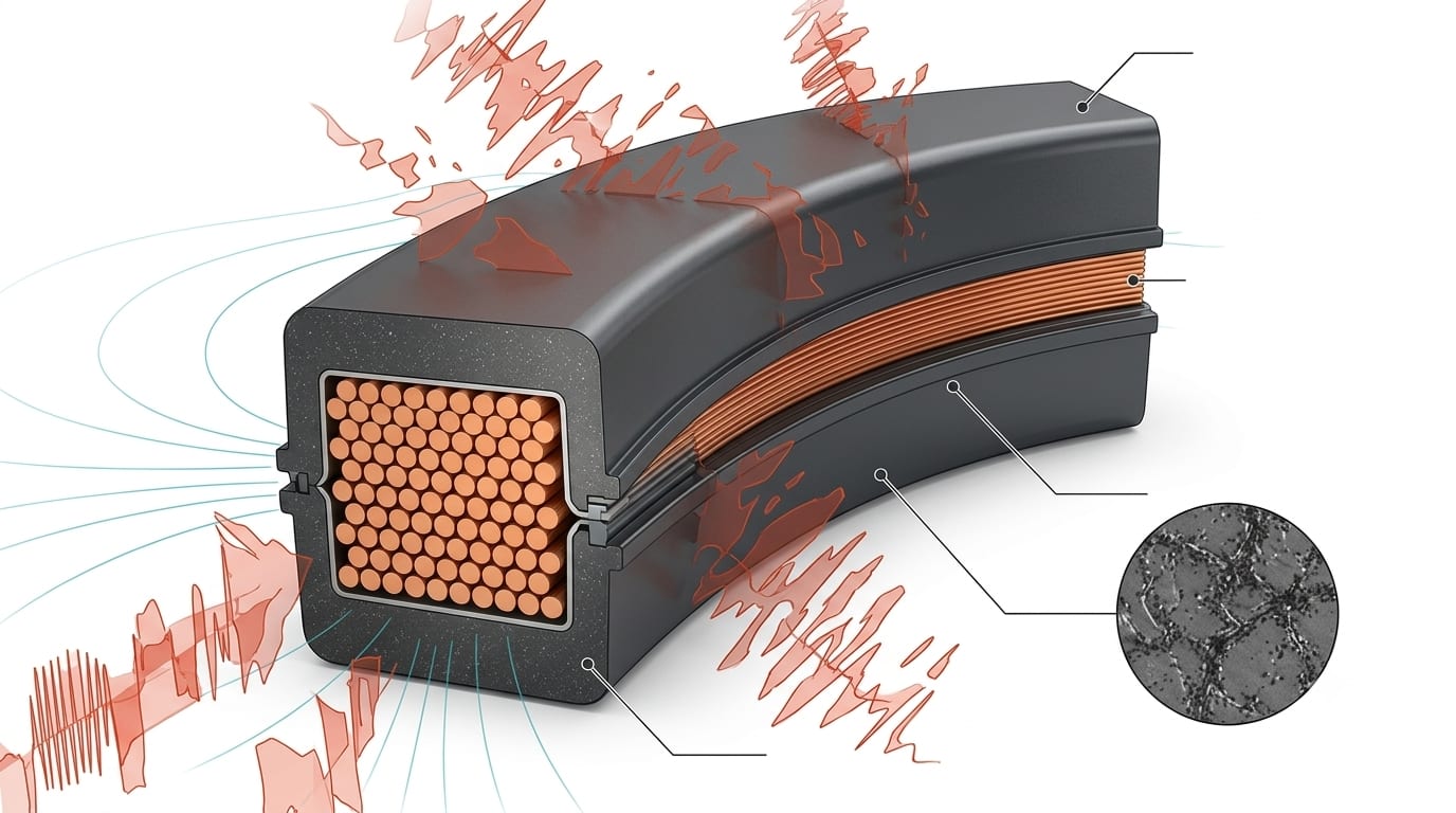 Cutaway of the Shogun coil: graphite EMI shielding around the copper sensing winding